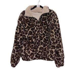 Pink Rose, Women's Leopard Print Fleece Jacket, Sherpa Collar, Size L